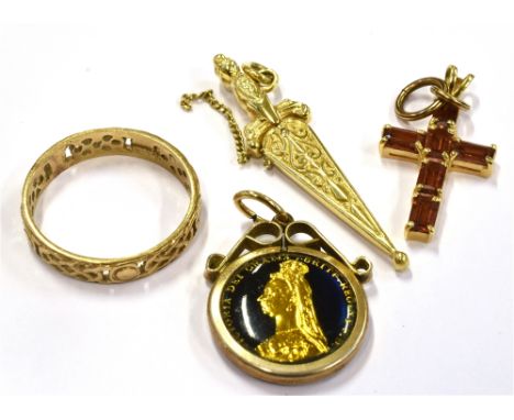 A COLLECTION OF JEWELLERY  To include a marked 14KT yellow and white metal sword and scabbard pendant piece measuring approx.