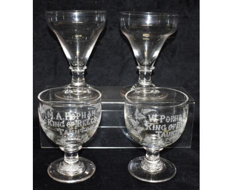 A PAIR OF 19TH CENTURY GLASS RUMMERS  each engraved 'M A Popham Ring of Bells Taunton 1868', 13.5cm high, together with anoth
