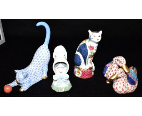 TWO HEREND FIGURES:  a cat playing with a ball, 13cm high, and a pair of ducks; together with a Royal Worcester Connoisseur C