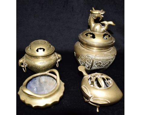 FOUR CHINESE INCENSE BURNERS/POT POURRIS  of archaic form, the largest 23.5cm high including dragon finial