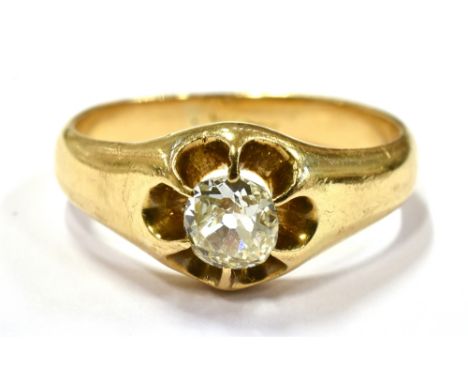 A 0.50 OLD CUT DIAMOND SET 18CT GOLD SIGNET RING  the buttercup claw set front comprising a cushion shaped old cut diamond we