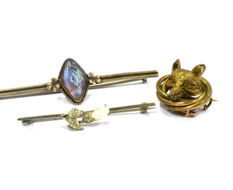 THREE EARLY 20TH CENTURY BROOCHES comprising of a - Butterfly wing - and white metal bar brooch, fitted with a C clasp and me