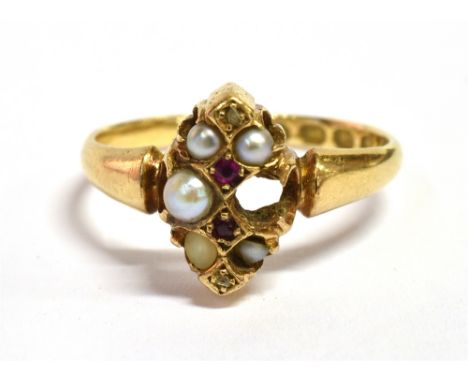 AN 18CT GOLD SEED PEARL RING  (as found) the navette fitted with graduating seed pearls and ruby accents with several missing