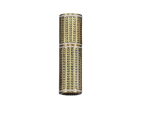 A French cylindrical gold box, decorated overall with gold foliate bands on blue guilloche enamel ground, white pellet border