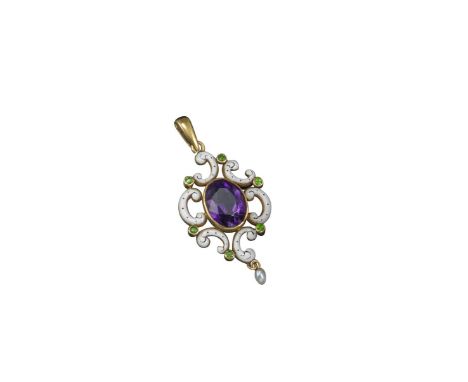 An Edwardian pendant in the suffragette colours, centred with a rubover-set oval-shaped amethyst within white enamel scrolls 