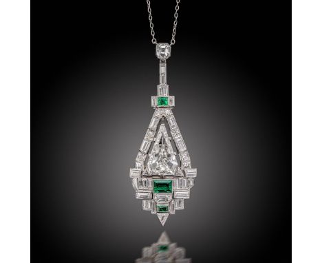 An Art Deco emerald and diamond pendant, of geometric design and set with a central fancy-cut triangular-shaped diamond withi