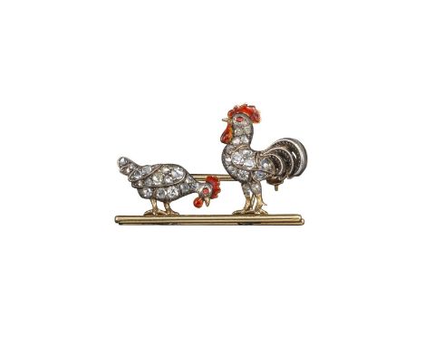 An late 19th-century cockerel and hen brooch, both birds pavé-set with graduated circular-cut diamonds and red enamel decorat