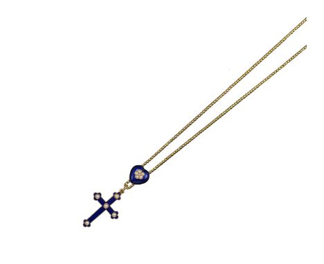 A Victorian cross pendant with heart-shaped slide, the gold cross with blue enamel decoration set with five seed pearls suspe