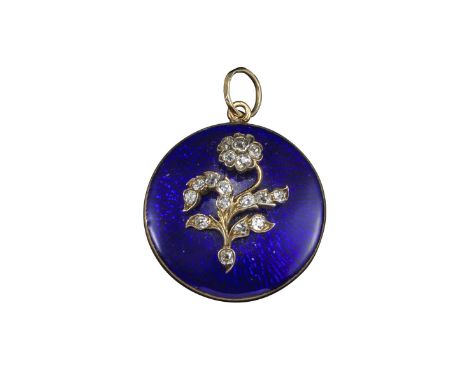 A 19th-century enamel and diamond locket pendant, the circular pendant with blue enamel ground applied with a diamond-set for