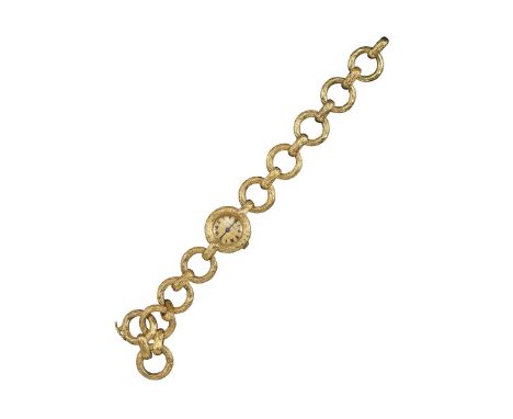 A lady's gold wristwatch by Beuche Girod, the signed textured gold dial with Roman numerals within a textured yellow gold cas