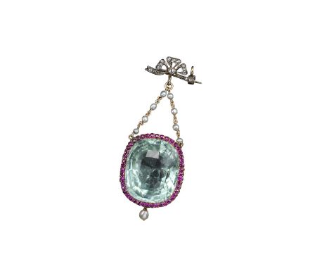 A late 19th-century aquamarine pendant, the large cushion-shaped aquamarine weighs approximately 50.00cts and is set within a