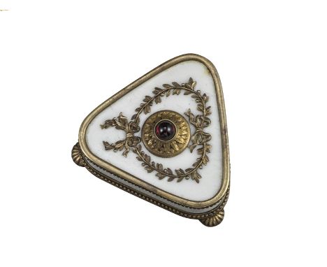 A Russian triangular-shaped bell push by Fabergé, the cabochon red-stone button mounted in a silver-gilt acanthus leaf-centre