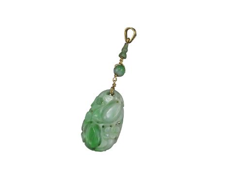 A jade pendant, the carved and pierced jade plaque suspended from a jade bead and further baluster-form jade section, gold mo