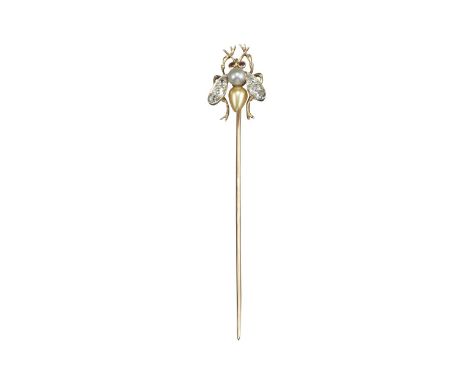 A diamond and natural pearl-set bee stick pin, the bee with a white button-shaped pearl and golden egg-shaped pearl with diam