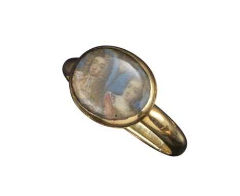A late 17th-century Royal portrait ring, the plain gold ring mounted with an oval miniature portrait of King William and Quee