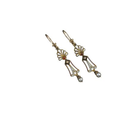 A pair of gold drop earrings in the Giuliano manner, the seed pearls suspend from an open-work mid-section decorated with bla