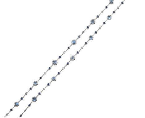 A gem-set platinum long chain necklace, the platinum chain alternately-set with circular-cut sapphires, circular-cut diamonds