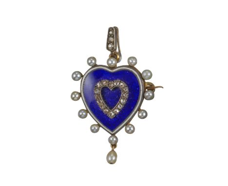 A 19th-century gold heart-shaped brooch/pendant, decorated with blue enamel, diamonds in the shape of a heart and a border of