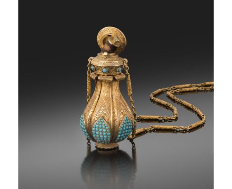 A 19th-century gold pomander with scent bottle in the mid-17th-century style, probably French, the spring-loaded stylised pet