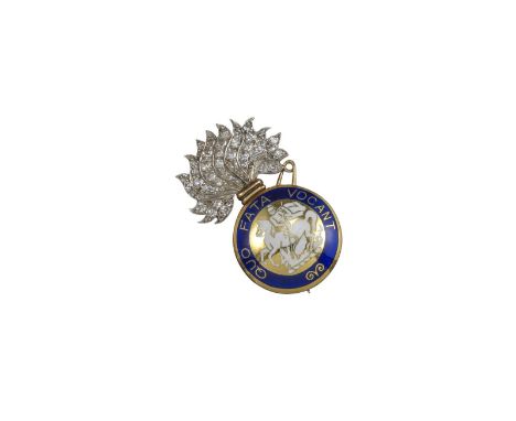 A Regimental brooch of the Royal Northumberland Fusiliers, with lines of graduated diamonds set to the flames and blue and wh