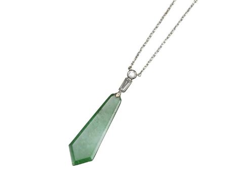 A jade and diamond pendant, the kite-shaped jade pendant suspends from a tapered baguette and circular-cut diamond in white g