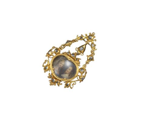 A Royal miniature portrait gold pendant depicting King Charles I and Henrietta Maria, facing each other and with arms above w