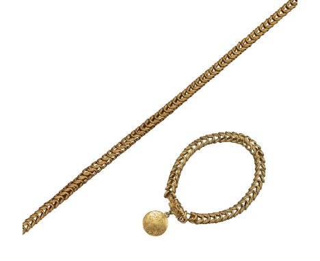 A Regency gold chain, the fancy-link chain with gold barrel clasp set with turquoise cabochons, 38cm long, with a matching br