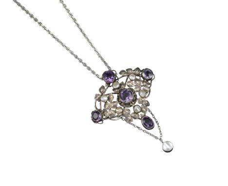 An Art Nouveau amethyst and mother-of-pearl silver pendant, of naturalistic foliate design and set with five amethysts, suspe