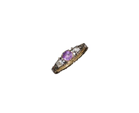 A 19th-century amethyst, diamond and enamel child's mourning ring, the circular-cut amethyst set within rose-cut shoulder dia