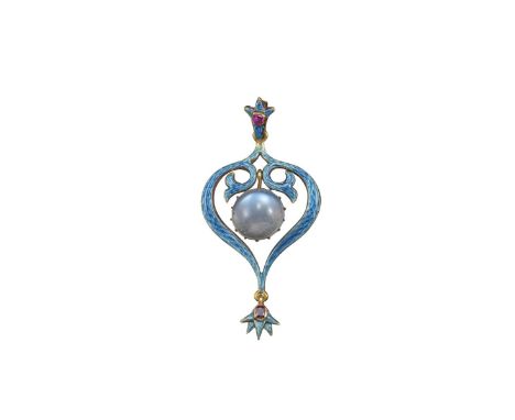 An Art Nouveau enamel, moonstone and ruby pendant, set with a central articulated cabochon moonstone within blue enamel scrol