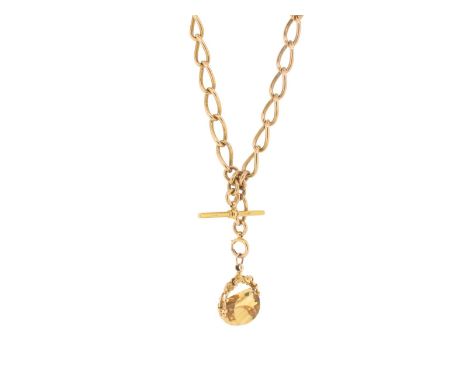 An oval-link 18ct gold watch chain, suspending a gold t-bar and a plain spinning citrine fob seal, 111g in total, 43cm long