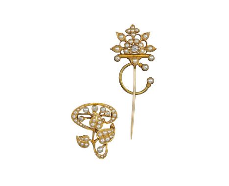 An Art Nouveau seed pearl and diamond brooch, of stylised foliate design, set in yellow gold, 3.2cm high, with a late 19th-ce