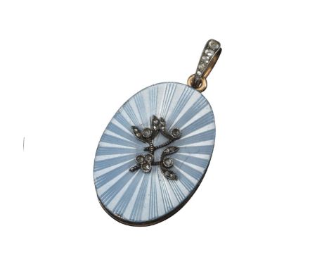 An oval-shaped gold enamel locket pendant by Fabergé, with light blue guilloche enamel decoration to the front and applied wi