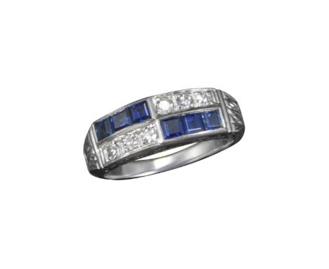 A sapphire and diamond half-hoop ring, of chequerboard design, set with lines of calibré-cut sapphires and circular-cut diamo