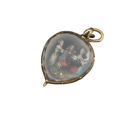 A mid-18th-century glazed gold pendant incorporating figures at a tea-party, the four seated women drinking tea and being att