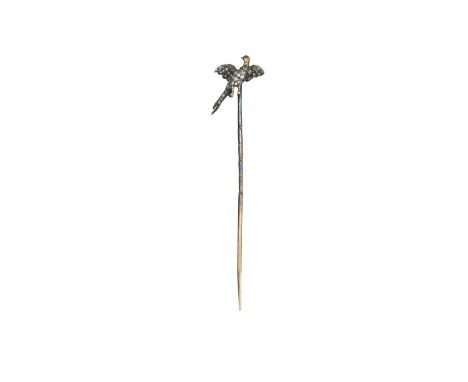 A diamond-set pheasant stick pin, the rising cock bird pavé-set with rose-cut diamonds (some missing) in silver and gold, cas