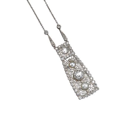 A pearl and diamond pendant, of rectangular form and articulated, the centre set with a circular-cut diamond weighing approxi