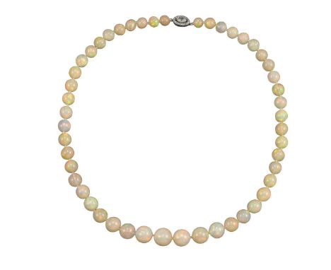 An opal bead necklace, the single row of beads graduate from 7.0-12.3mm, the platinum clasp centred with a marquise-shaped di