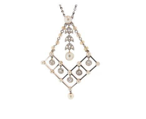 An Edwardian pearl and diamond pendant, the central pearl suspending an articulated diamond-set laurel and a further section 