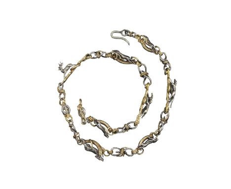 A 19th-century silver and gold chain, depicting hunting scenes, the realistically carved pack of dogs chasing a stag and deer