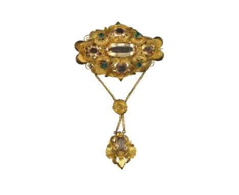 A Regency topaz-set gold brooch, with intricate cannetille decoration, set with five oval-shaped topaz and four emeralds, sus