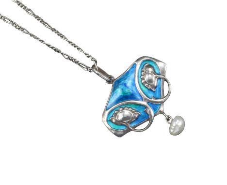 An Arts & Crafts pendant by Murrle Bennett & Co, the open-work silver pendant with stylised poppies on a blue and turquoise e