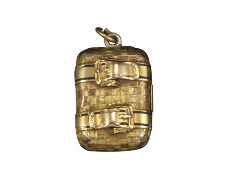 A Victorian gold satchel pendant, realistically formed and decorated with black enamel (damaged), with a concertina locket co