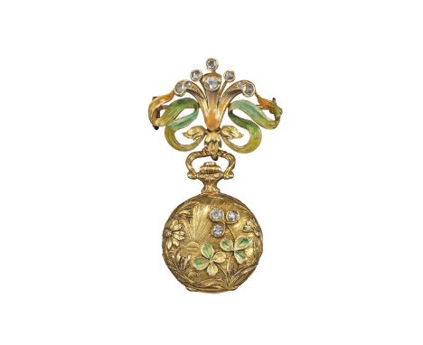 An Art Nouveau diamond-set gold fob watch, the small hunting-cased watch engraved with a sunset, a trefoil diamond flower and