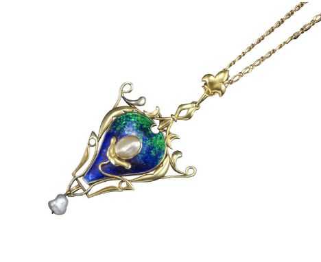 An Arts & Crafts gold, enamel and pearl pendant, centred with an oval-shaped pearl in foliate mount on a green and blue ename