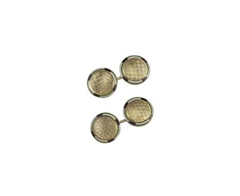 A pair of blue and green enamel cufflinks, in yellow gold with honeycomb engine turned decoration to the central panel, appro