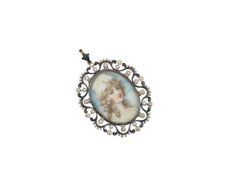 A miniature portrait depicting a lady in the 18th century style, her hair in ringlets and wearing a loose fitting fabric bonn