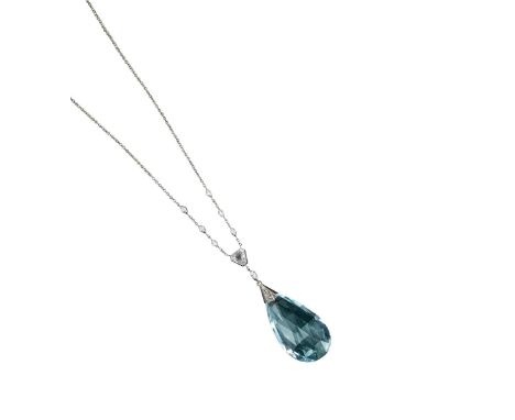 An aquamarine and diamond pendant, the broilette-cut aquamarine suspends from a calf-cut diamond and further marquise-shaped 