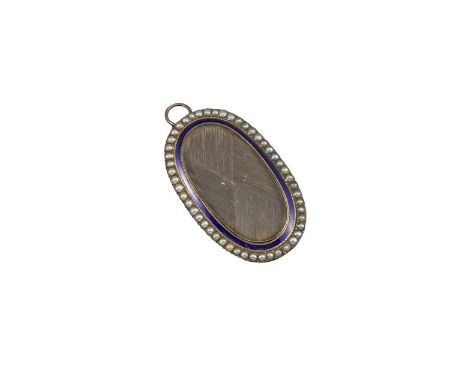 A George III mourning brooch, the oval-shaped gold brooch centred with a glazed locket of plaited hair within blue guilloche 