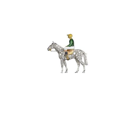 A diamond and enamel horse and jockey brooch by Alabaster & Wilson, the standing horse pavé-set with circular-cut diamonds, t